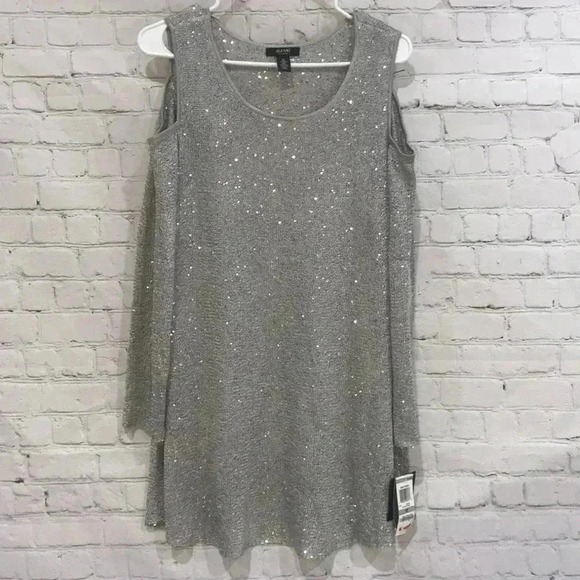 Alfani Cut Out Cold Shoulder Sequin Silver Stretch Sweater Cami Set - Picture 1 of 5